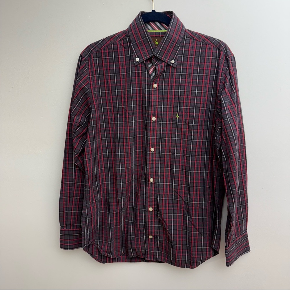 Tailorbyrd Button Down Shirt Mens Medium Red Black Plaid Long Sleeve Logo Cotton